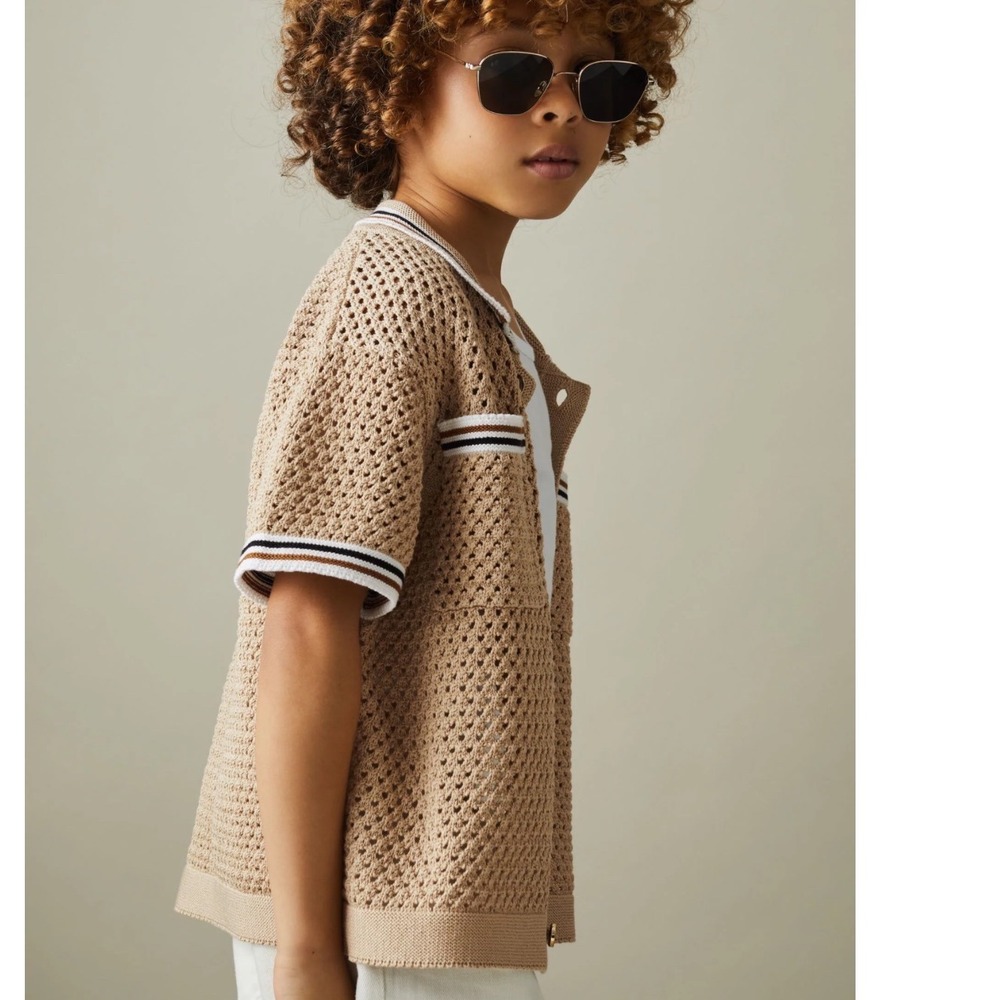 New Reiss Coulson Jr Boys Soft Taupe Crochet Knit Contrast Trim Shirt 3-4Y 104cm